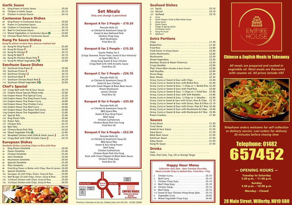 Menu at Empire House Chinese fast food, Hull