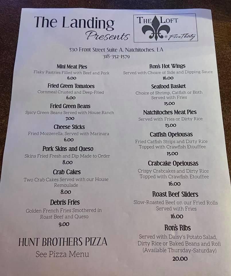 Menu at The Landing Restaurant “The Loft @ 530”, Natchitoches