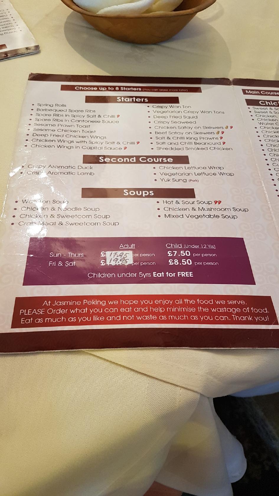Menu at Jasmine Peking restaurant, Norbury