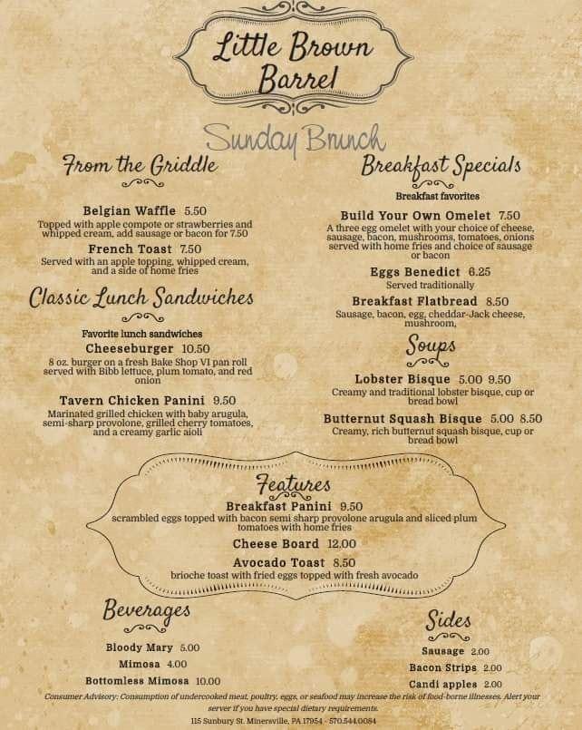 Menu at The Little Brown Barrel, Minersville
