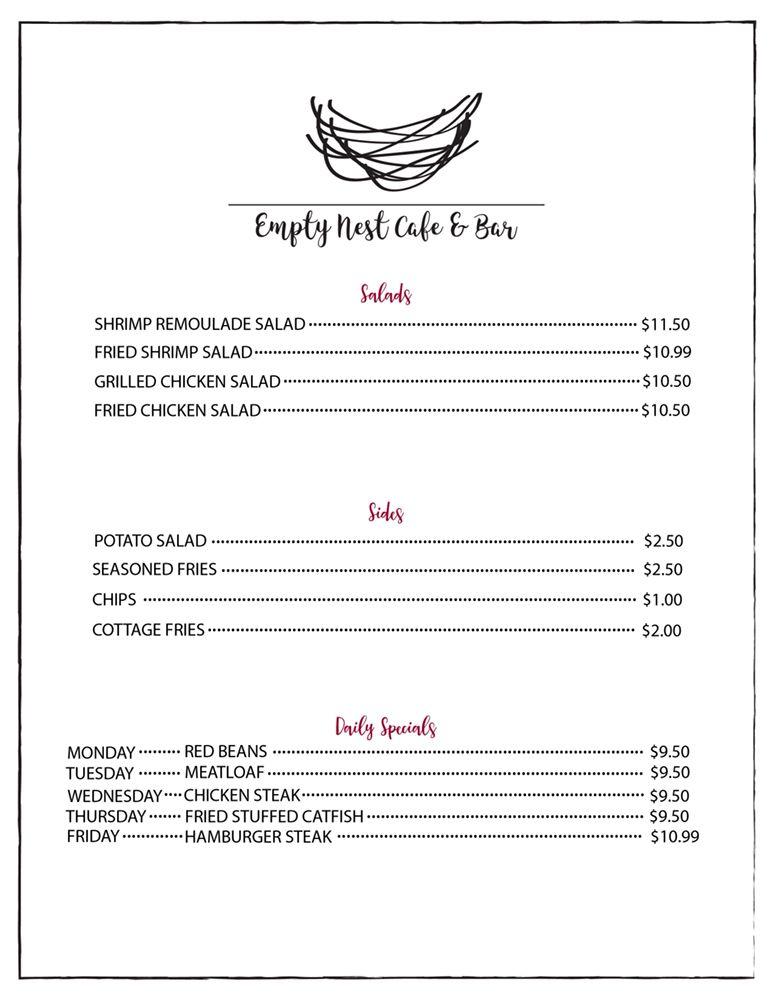 Menu At Empty Nest Cafe And Bar Metairie