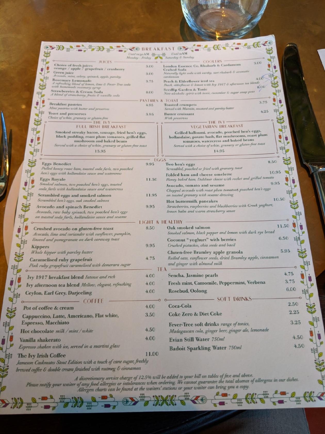 Menu at The Ivy Dublin restaurant, Dublin