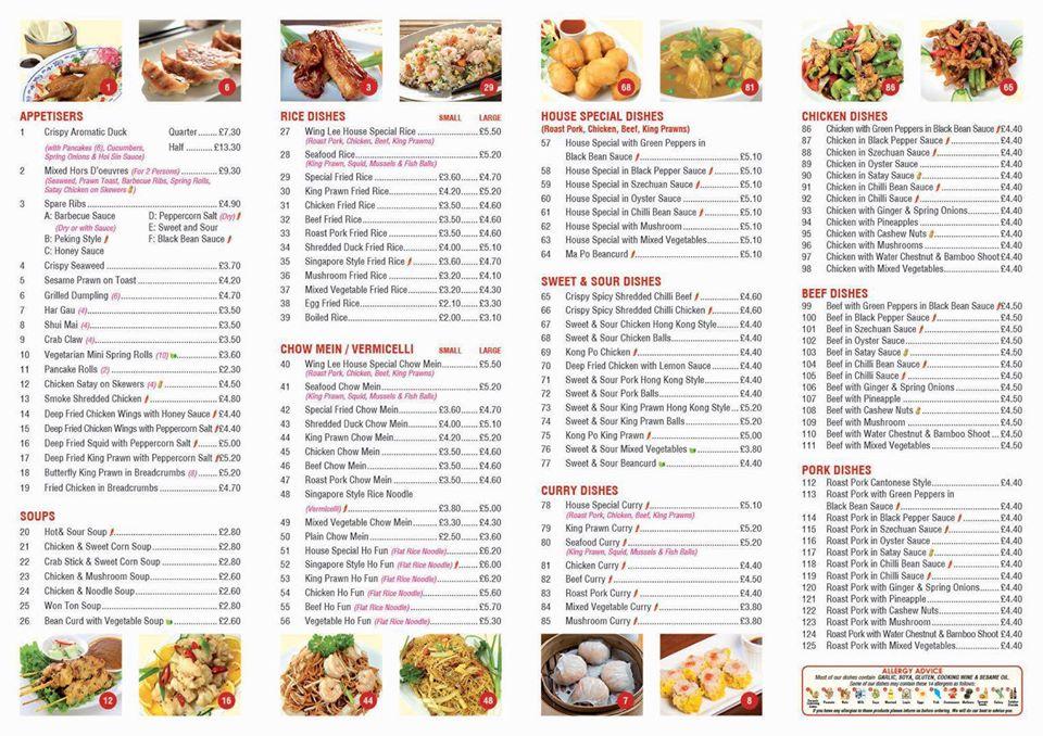 Menu at Wing Lee fast food, London, 295 Sydenham Rd