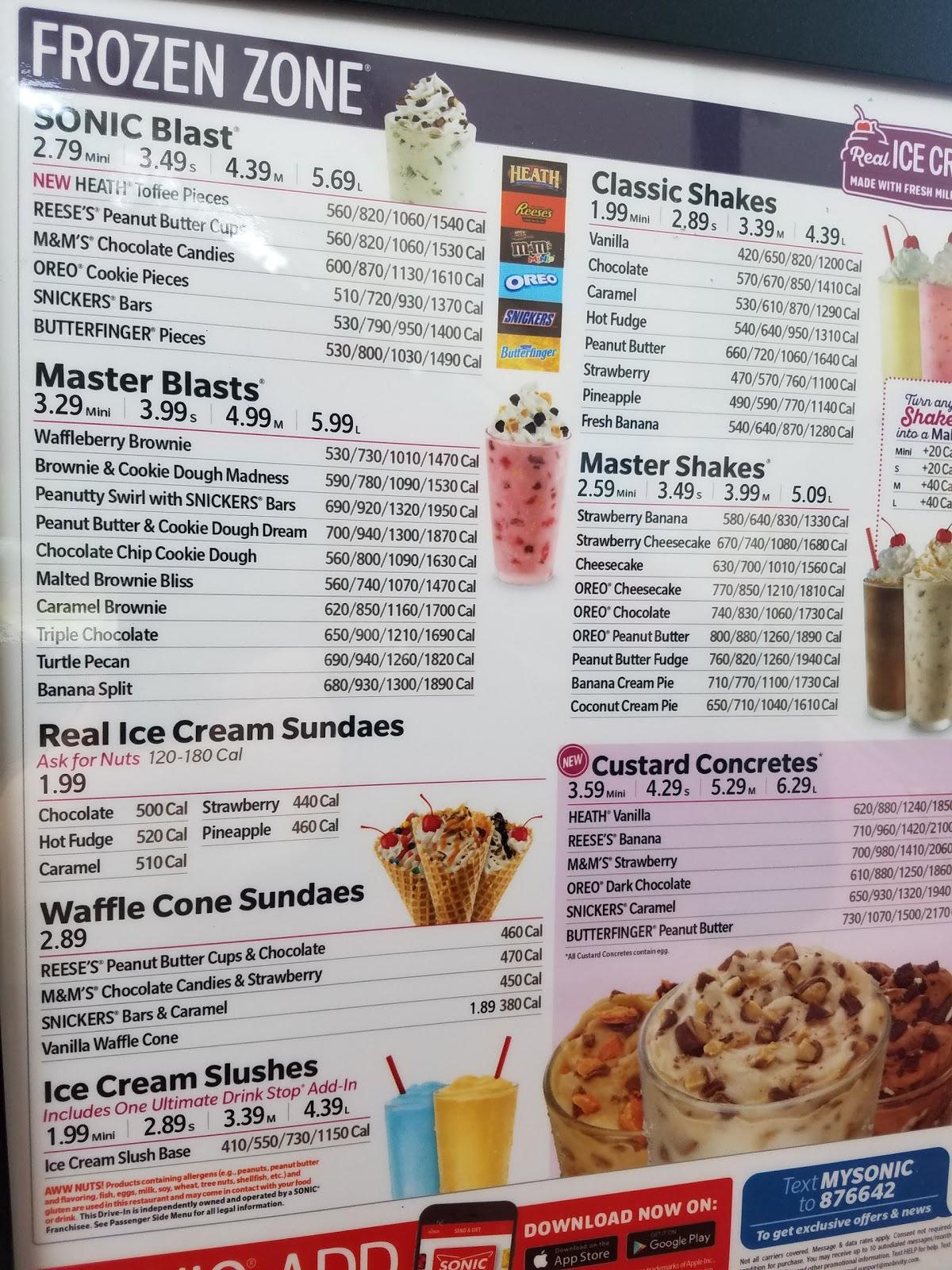 Menu at Sonic DriveIn fast food, Zebulon