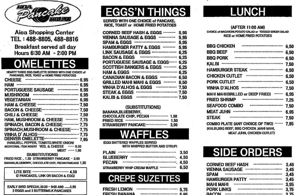 Menu at Koa Pancake House restaurant, Aiea