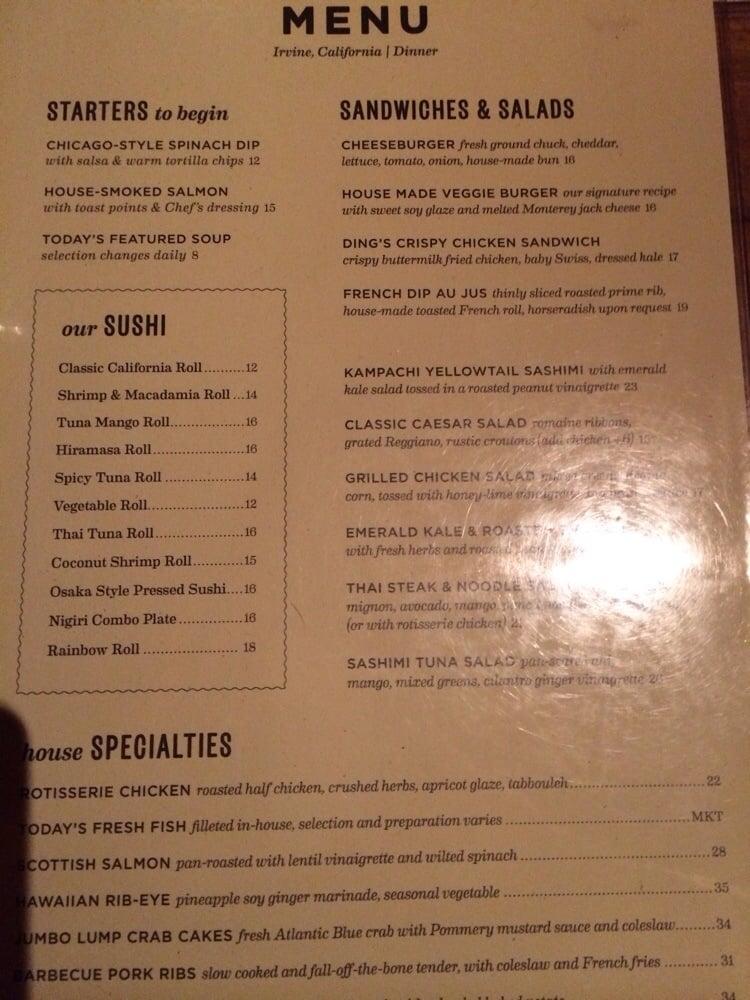 Menu at Houston's steakhouse, Irvine