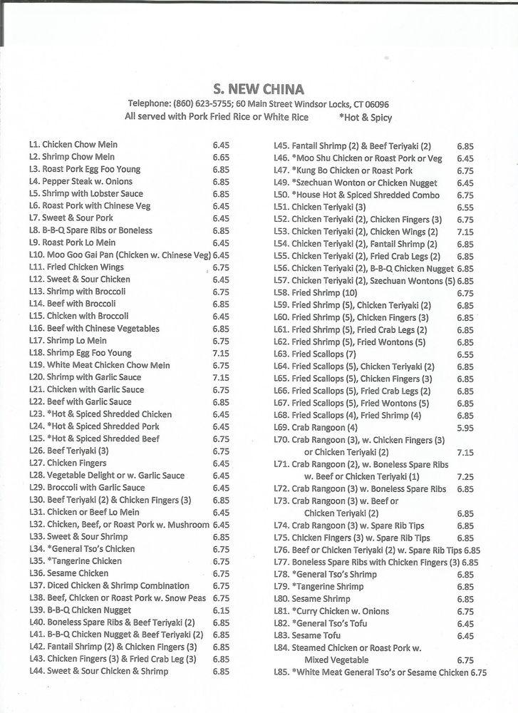 Menu at S. New China restaurant, Windsor Locks