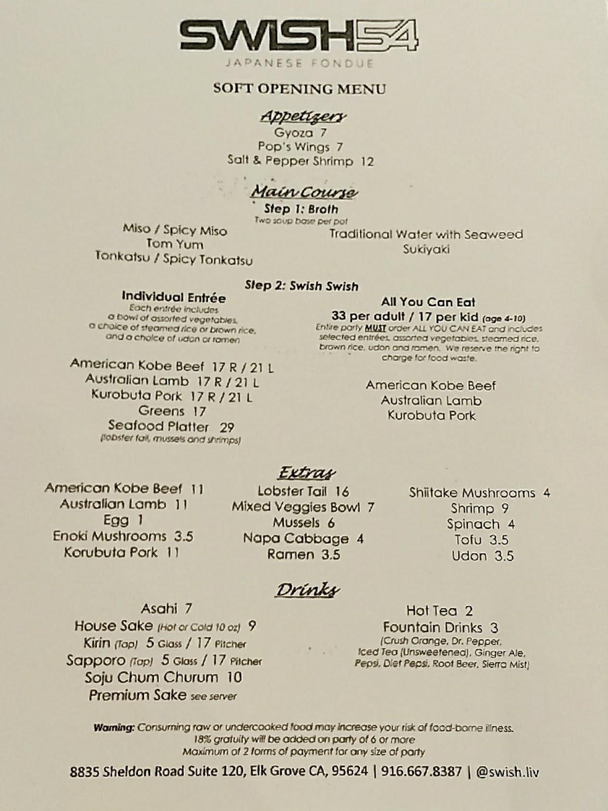 Menu at Swish 54 restaurant, Elk Grove