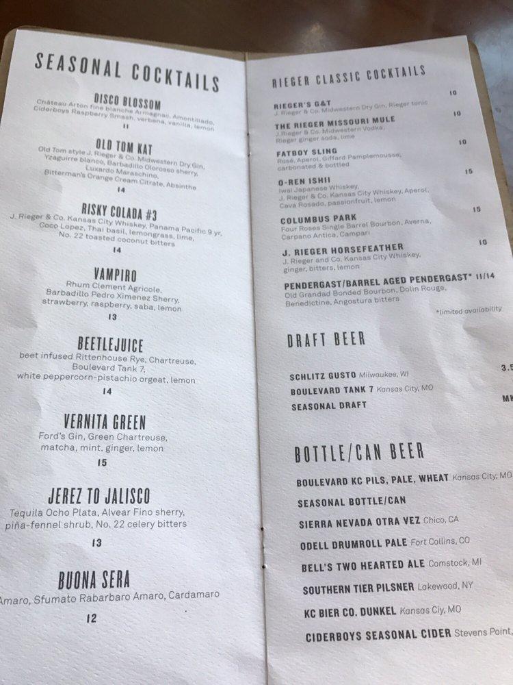Menu at The Rieger pub & bar, Kansas City