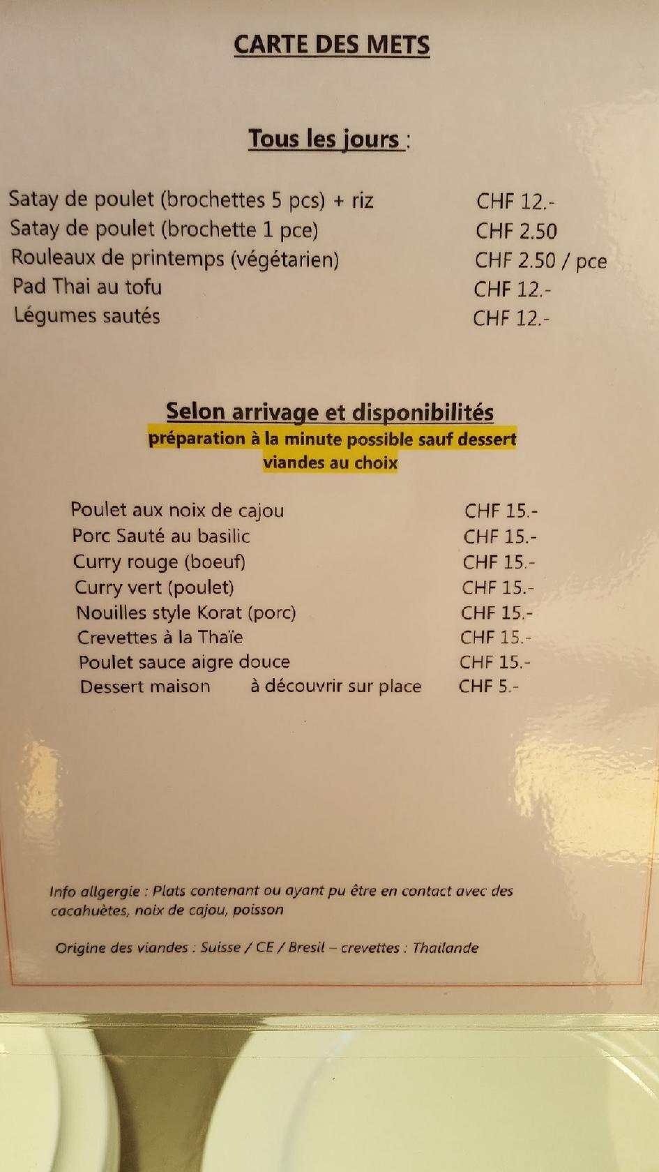 Menu at Erawan Take Away, Geneva