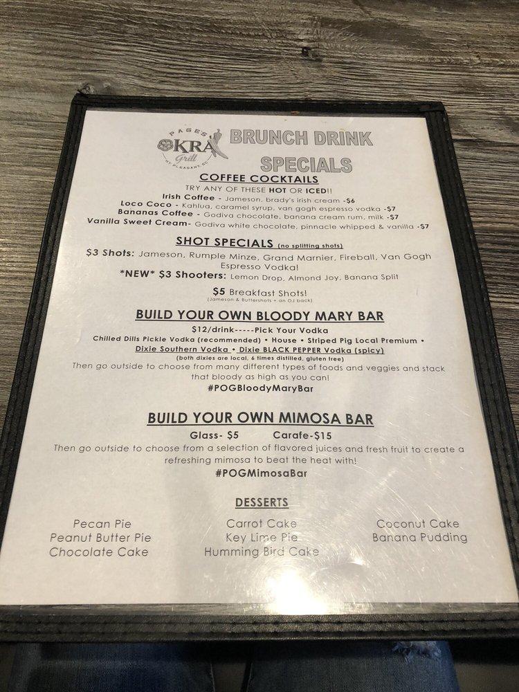 Menu at Page's Okra Grill restaurant, Mount Pleasant