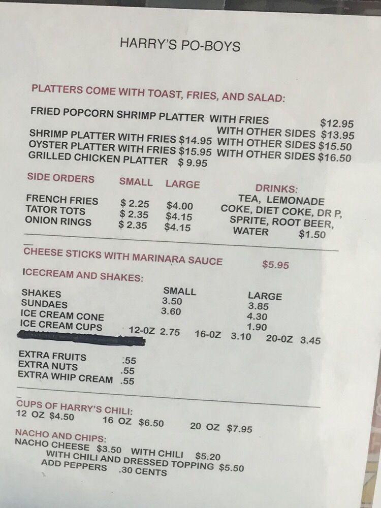 Menu at Harry's Po-Boys fast food, Larose