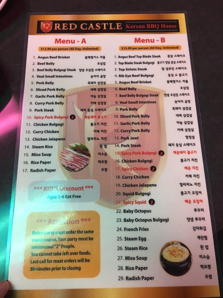 Menu at Red Castle Korean BBQ, Rialto