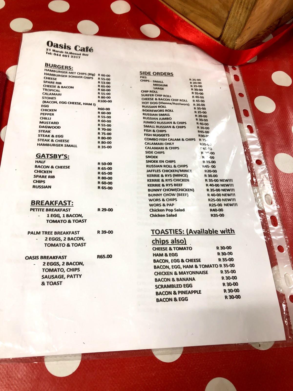 Menu at Oasis Cafe, Mossel Bay