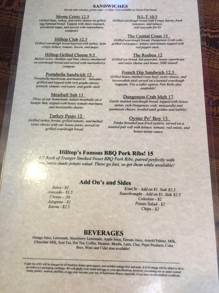 Menu At Hilltop Cafe Bistro Waldport