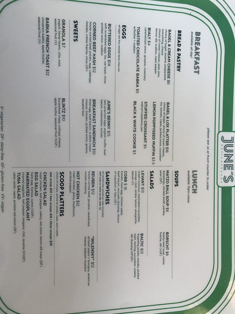 Menu at Junes Delicatessen restaurant, Edmonton