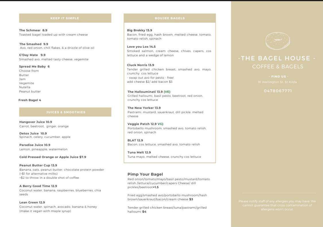 Menu at The Bagel House cafe, Saint Kilda