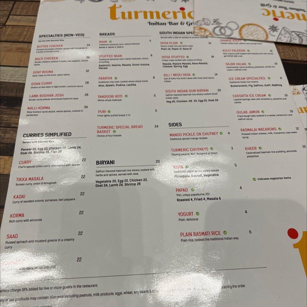 Menu at Turmeric Indian Bar & Grill, Sarasota