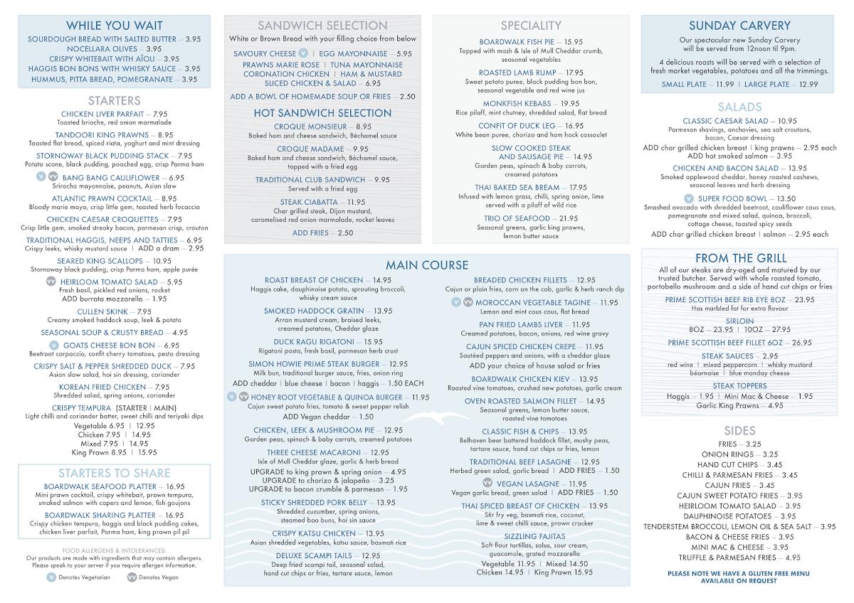 Menu at Boardwalk restaurant, Falkirk