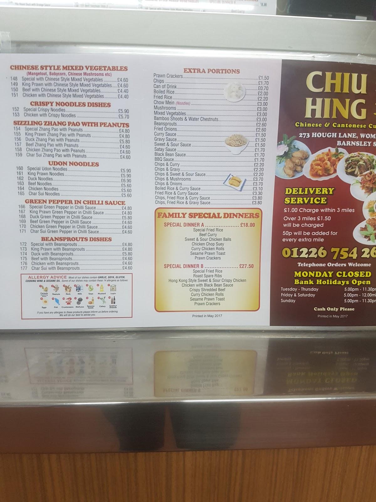 Menu at Chiu Hing fast food, Barnsley