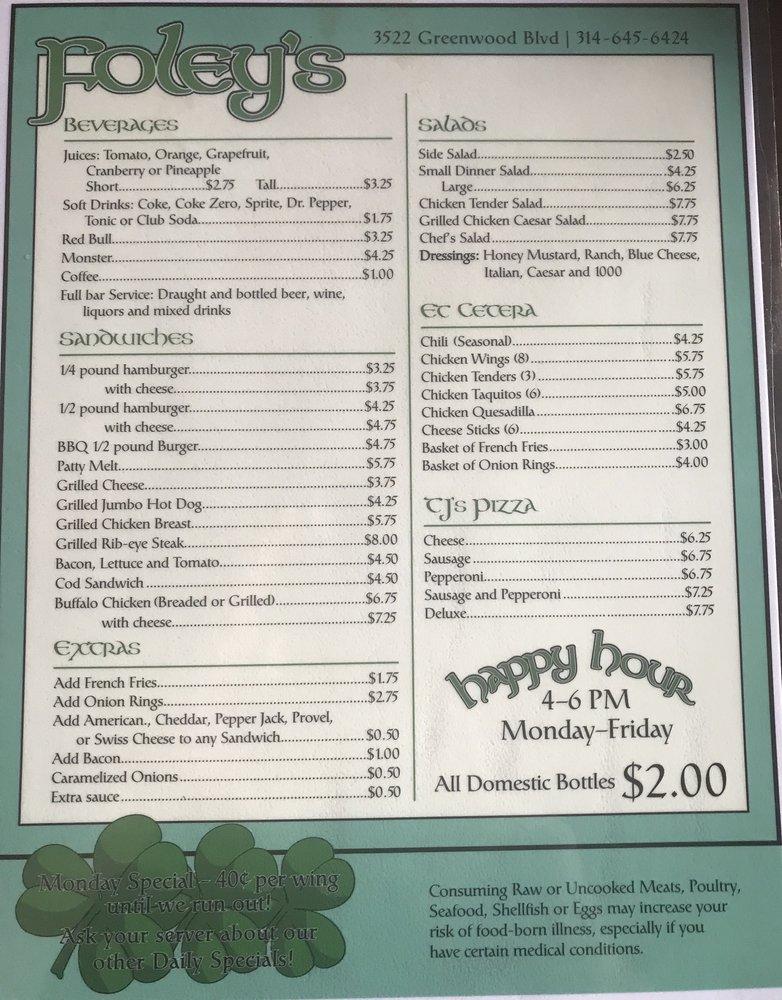 Menu at Foley's Bar & Grill, Maplewood, Greenwood Blvd
