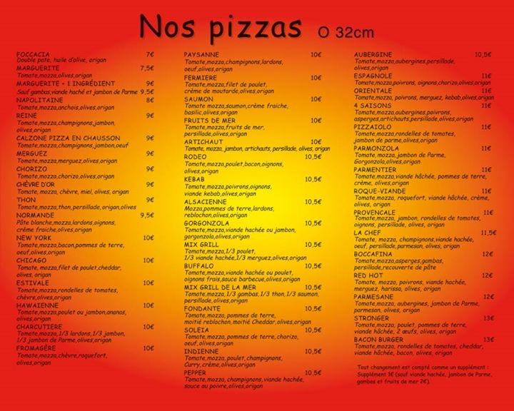 Menu au Bocca Fina Pizza menton restaurant, Menton
