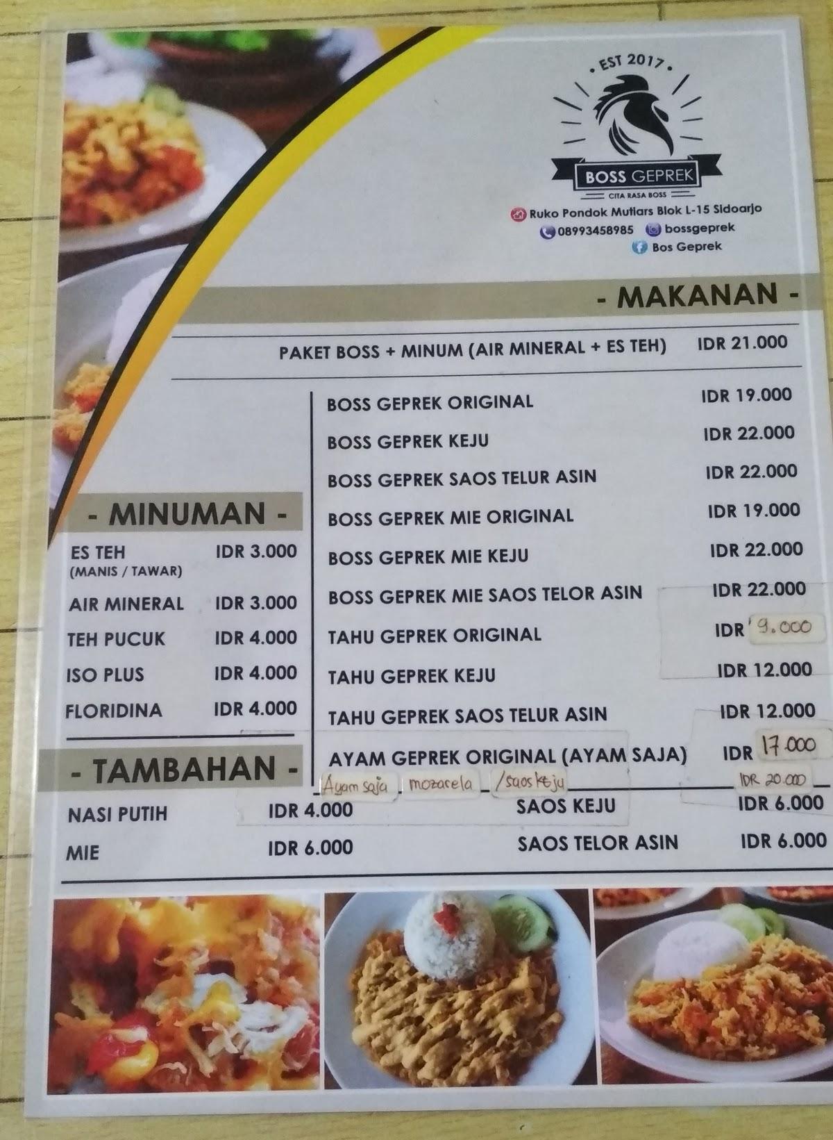 Menu at Boss Geprek restaurant, Sidoarjo