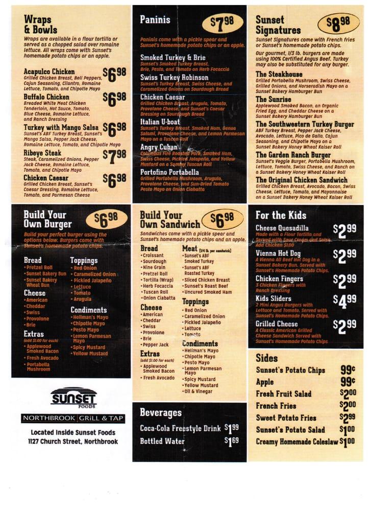 Menu at Sunset Foods restaurant, Northbrook