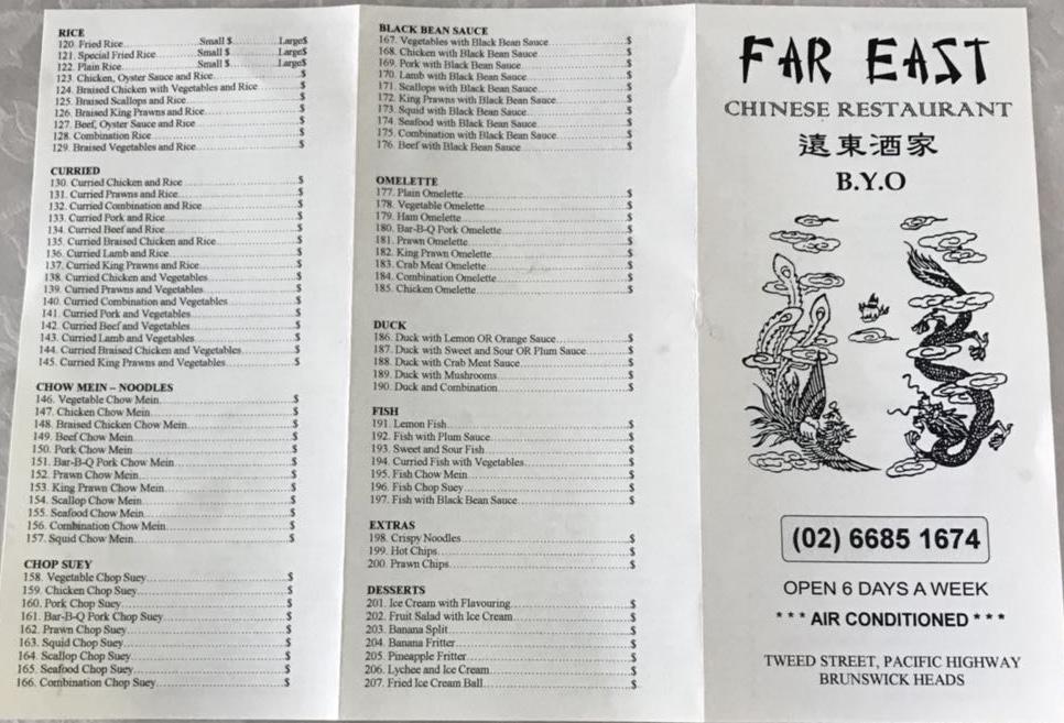 Menu at Far East Chinese Restaurant, Brunswick Heads, 15 Tweed St