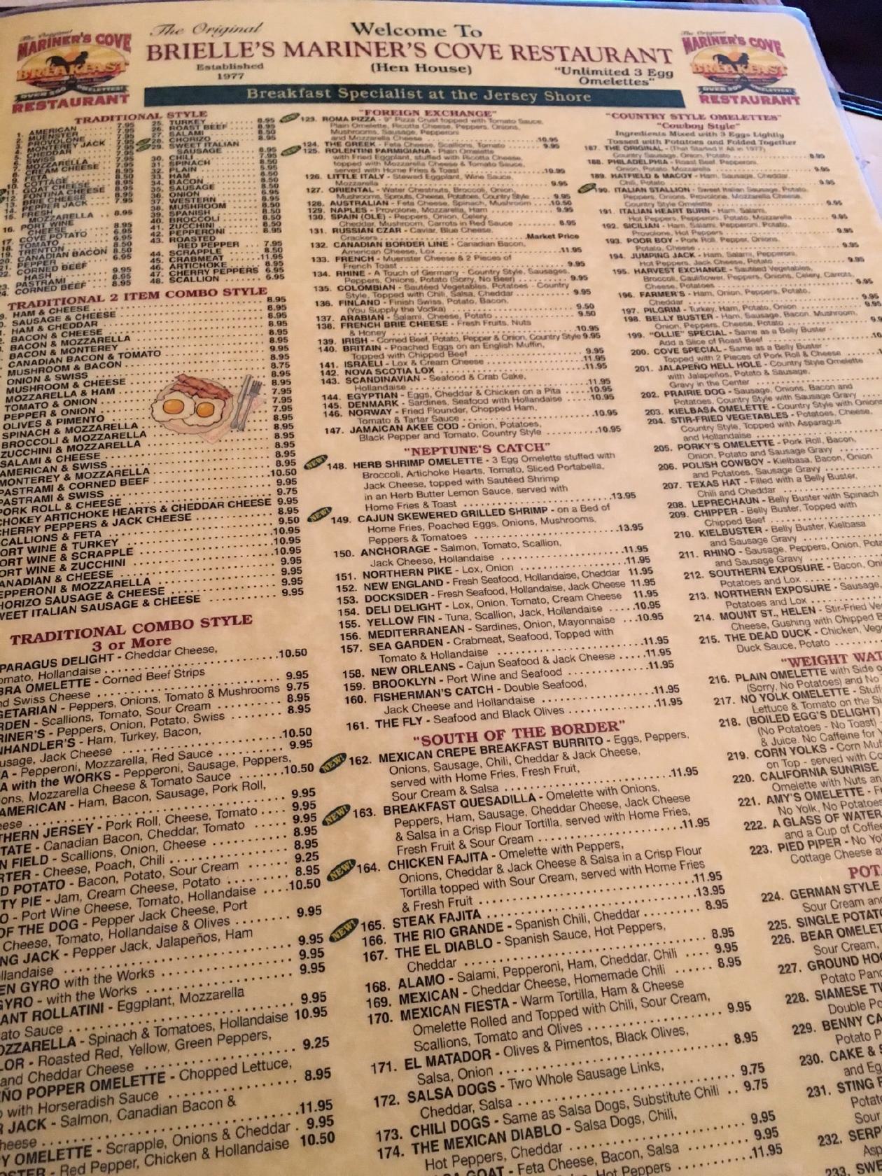 Menu at Mariner's Cove Restaurant, Brielle