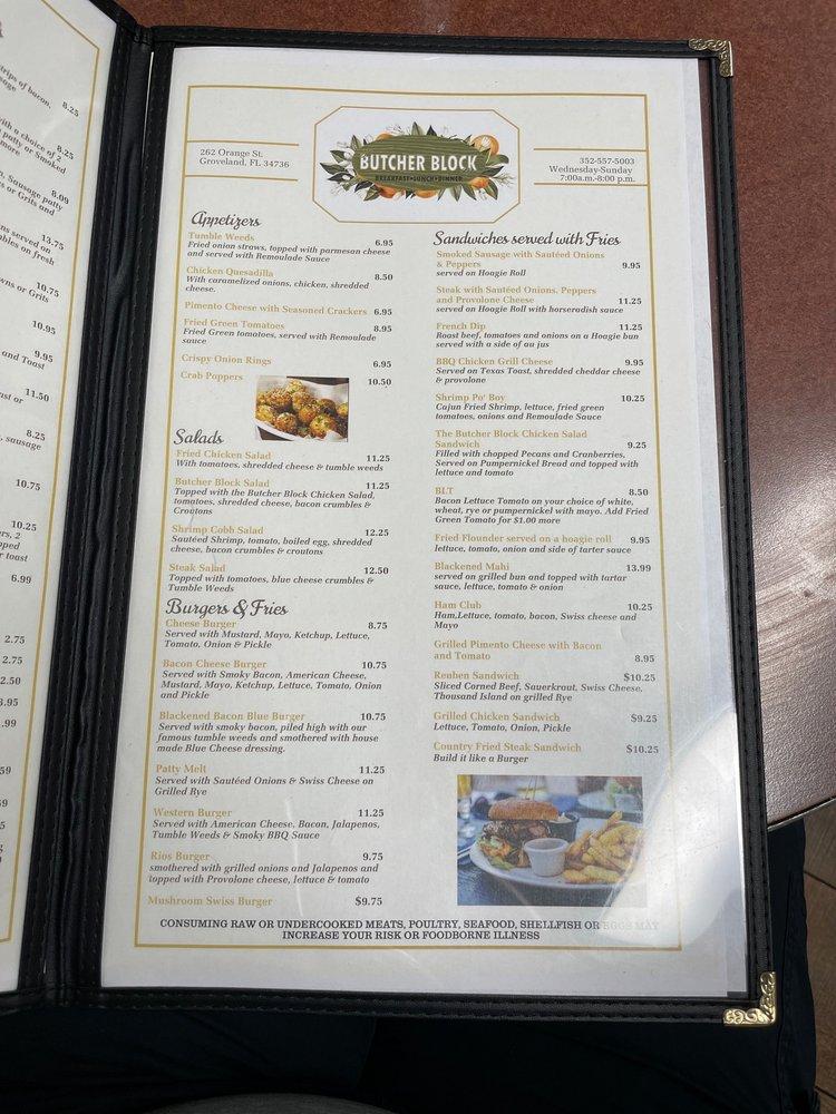 Menu at The Butcher Block Kitchen restaurant, Groveland