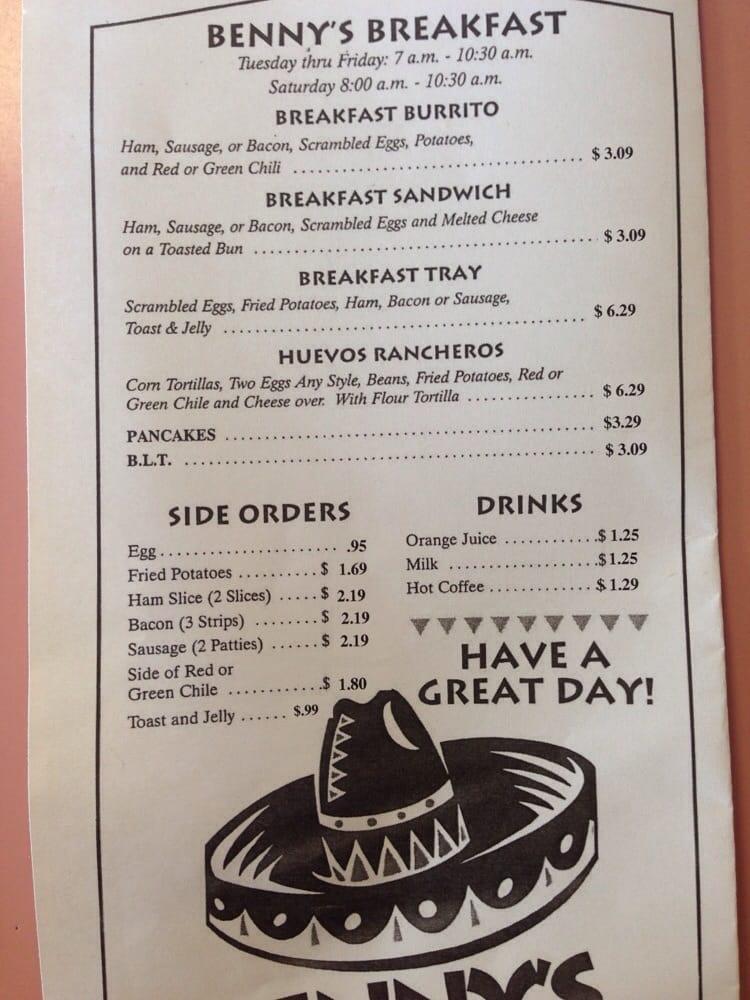 Menu at Benny's restaurant, Bosque Farms