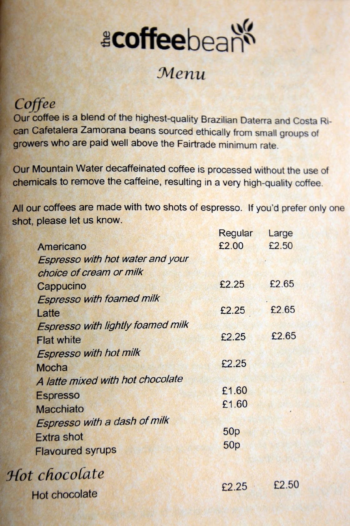 Menu at The Coffee Bean. cafe, Chipping Sodbury