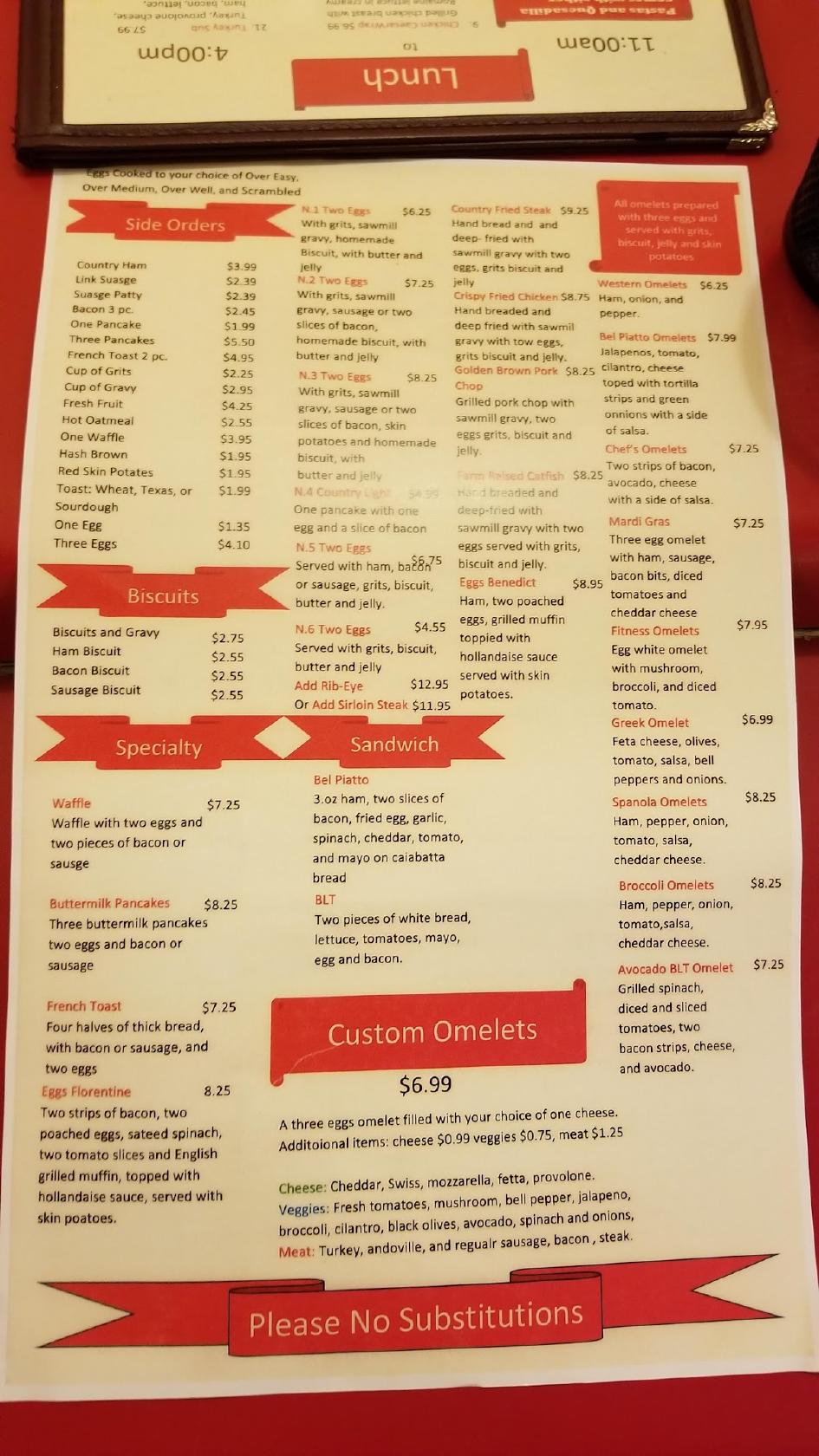 Menu at Bel Piatto restaurant, Kosciusko, Veterans Memorial Dr