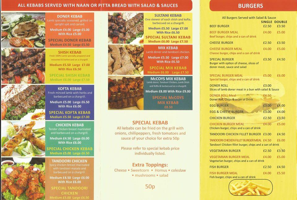 Menu at McCoys, Oxford