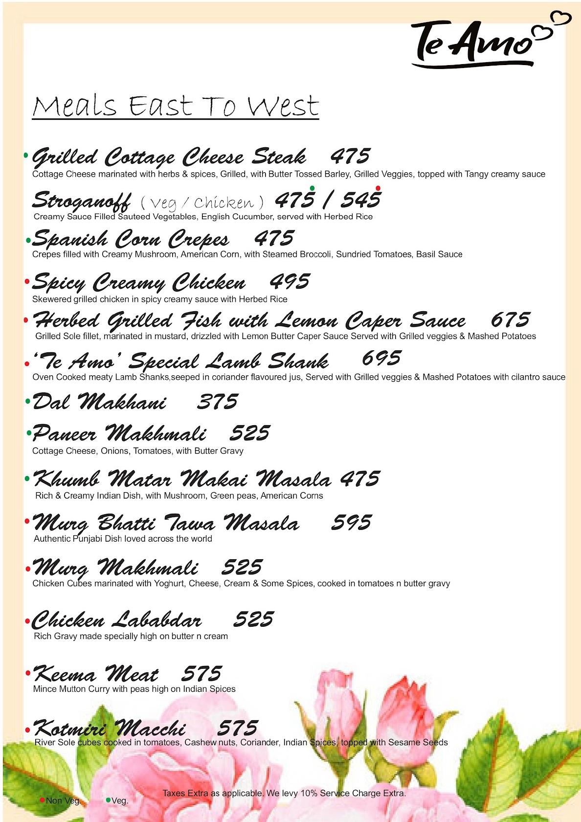 Menu at Te Amo Restaurant, New Delhi