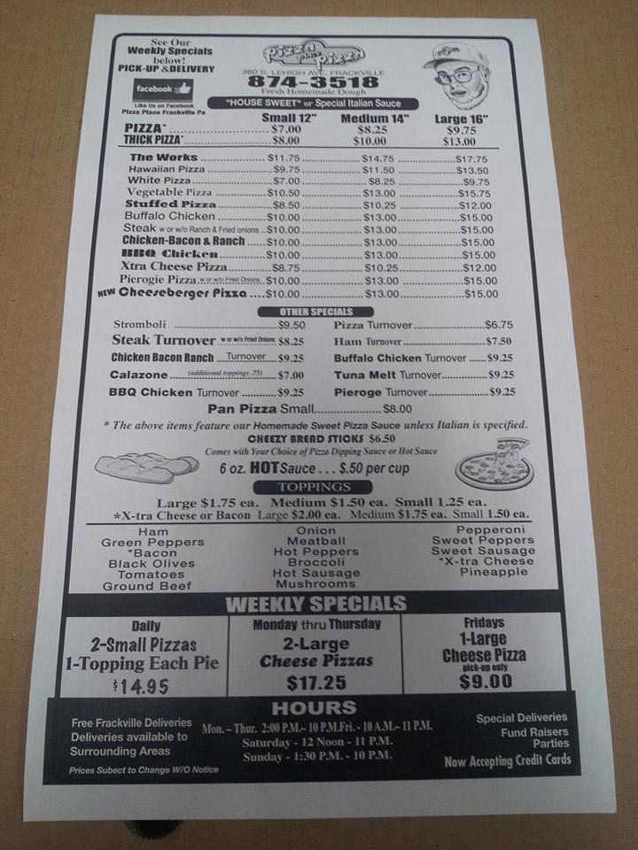 Menu at The Pizza Place pizzeria, Frackville