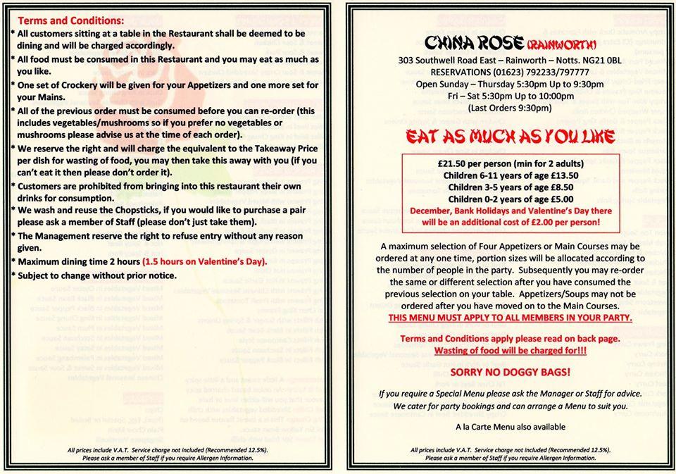 Menu at China Rose Restaurant And Takeaway, Mansfield