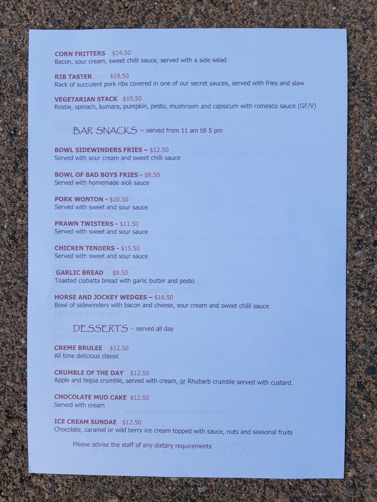 Menu at Horse and Jockey Inn pub & bar, Matamata