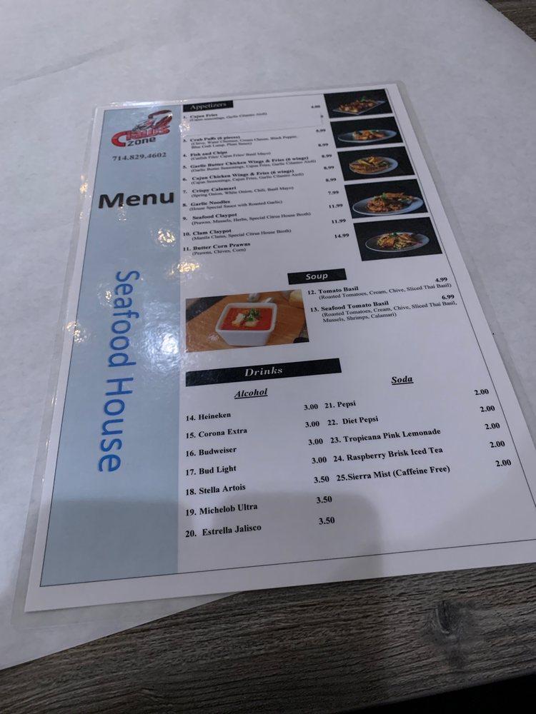 Menu at Claws Zone Anaheim restaurant, Anaheim