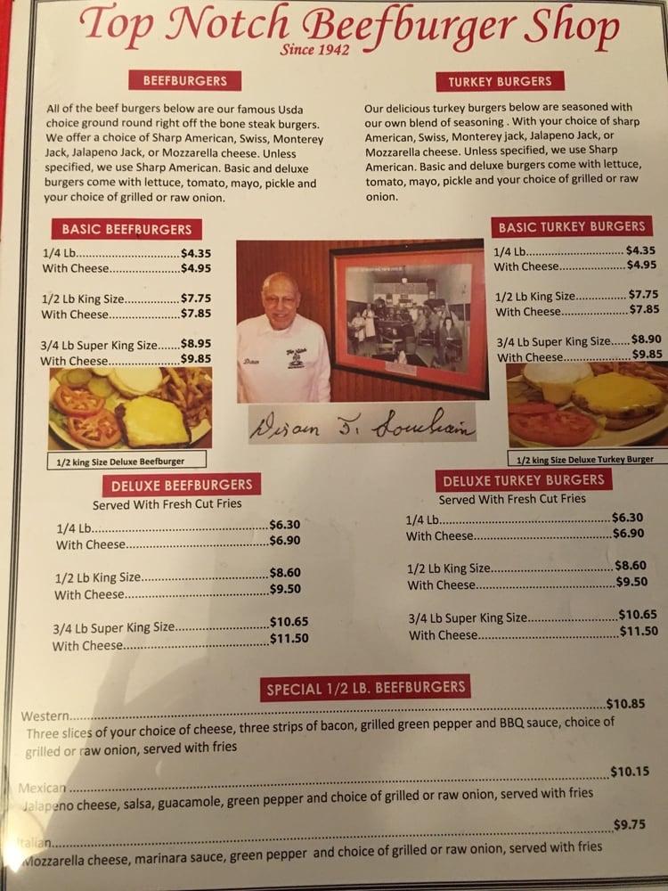 Menu at Top Notch Beefburgers restaurant, Chicago, W 95th St