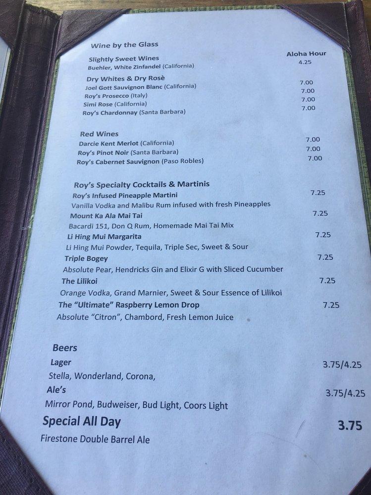 Menu at Roy's Ko Olina restaurant, Kapolei