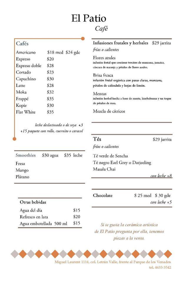 Carta de El Patio Café, Ciudad López Mateos, Miguel Laurent 1114B