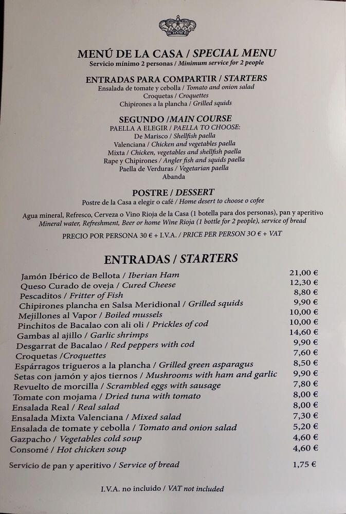 Menu at La Paella Real restaurant, Madrid