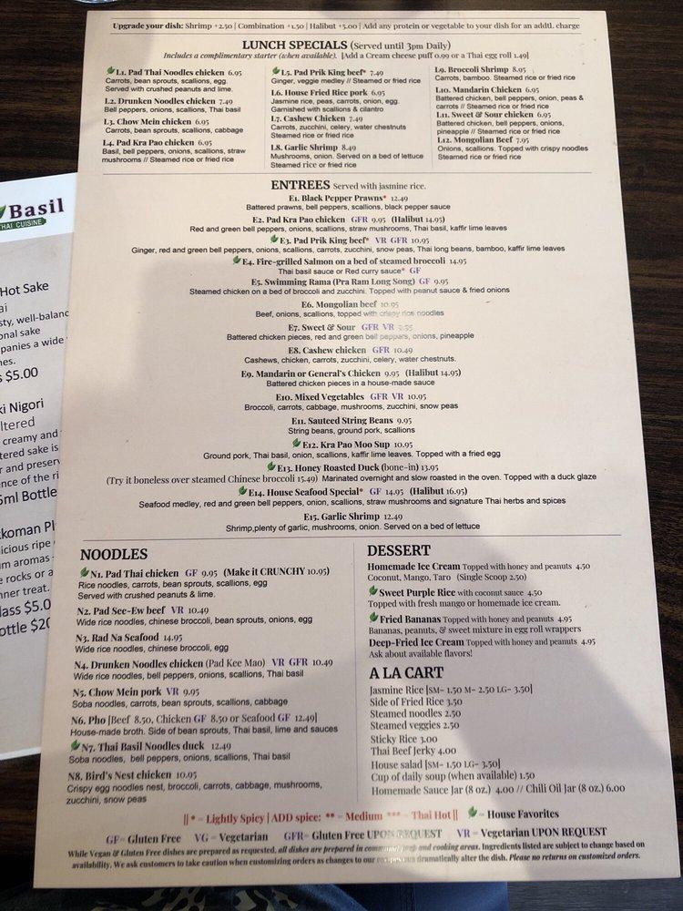 Menu at Thai Basil restaurant, Boise, 590 E Boise Ave