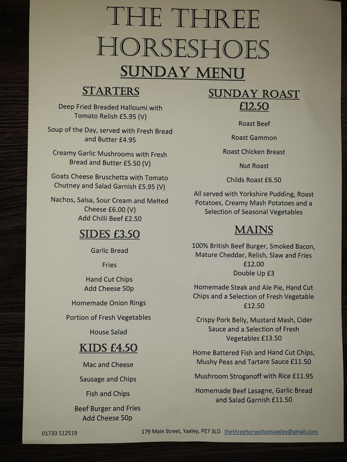 Menu at The Three Horseshoes, Yaxley pub & bar, Peterborough, 179 Main St