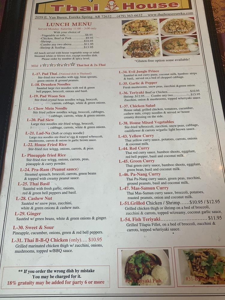 Menu at Thai House Restaurant, Eureka Springs