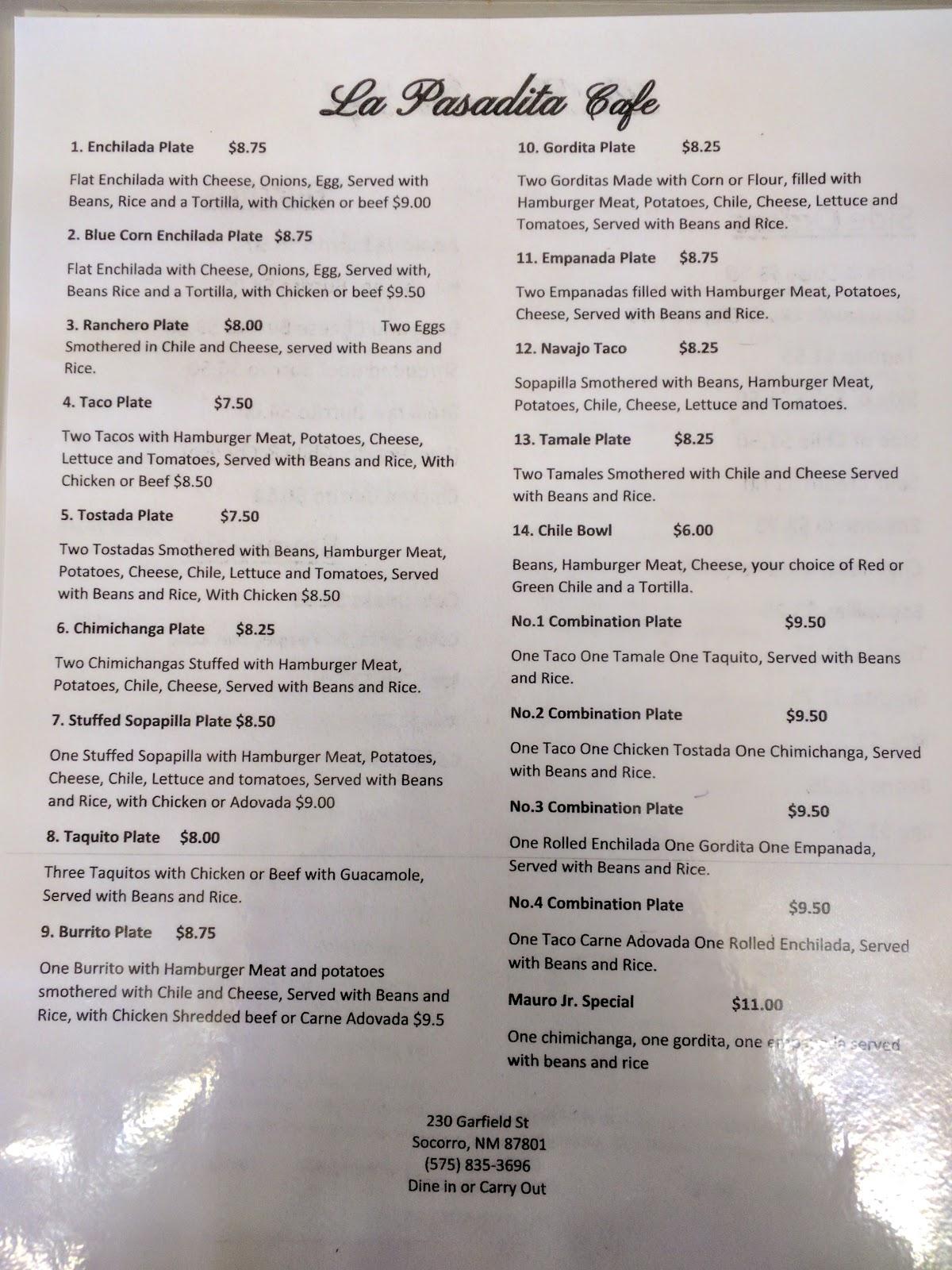 Menu at La Pasadita restaurant, Socorro