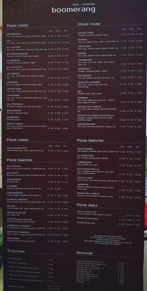 Menu di Pizzeria Boomerang 