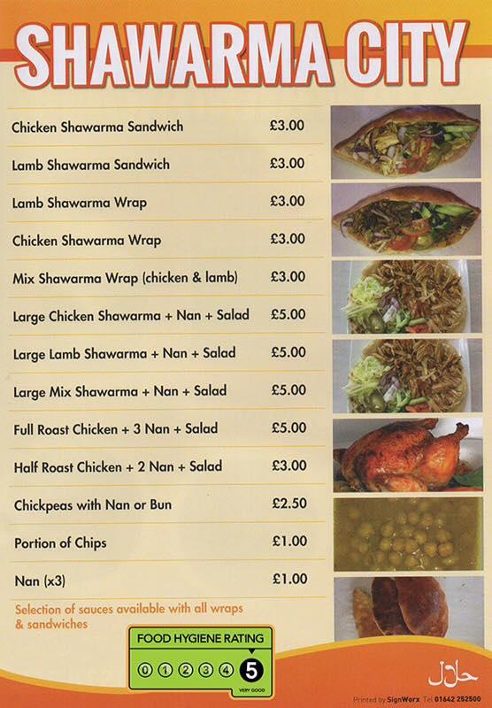 Menu at Shwarma City restaurant, StocktononTees